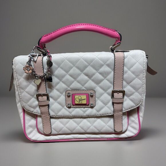 Guess Handbags - Vintage 90s Y2K Guess Pink White Quilted Satchel Detachable Strap Purse Jewelry